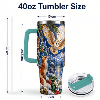 #pl[40oz|Green] Stained Glass Winter 40oz Tumbler with Handle, Woodland Animals Travel Cup