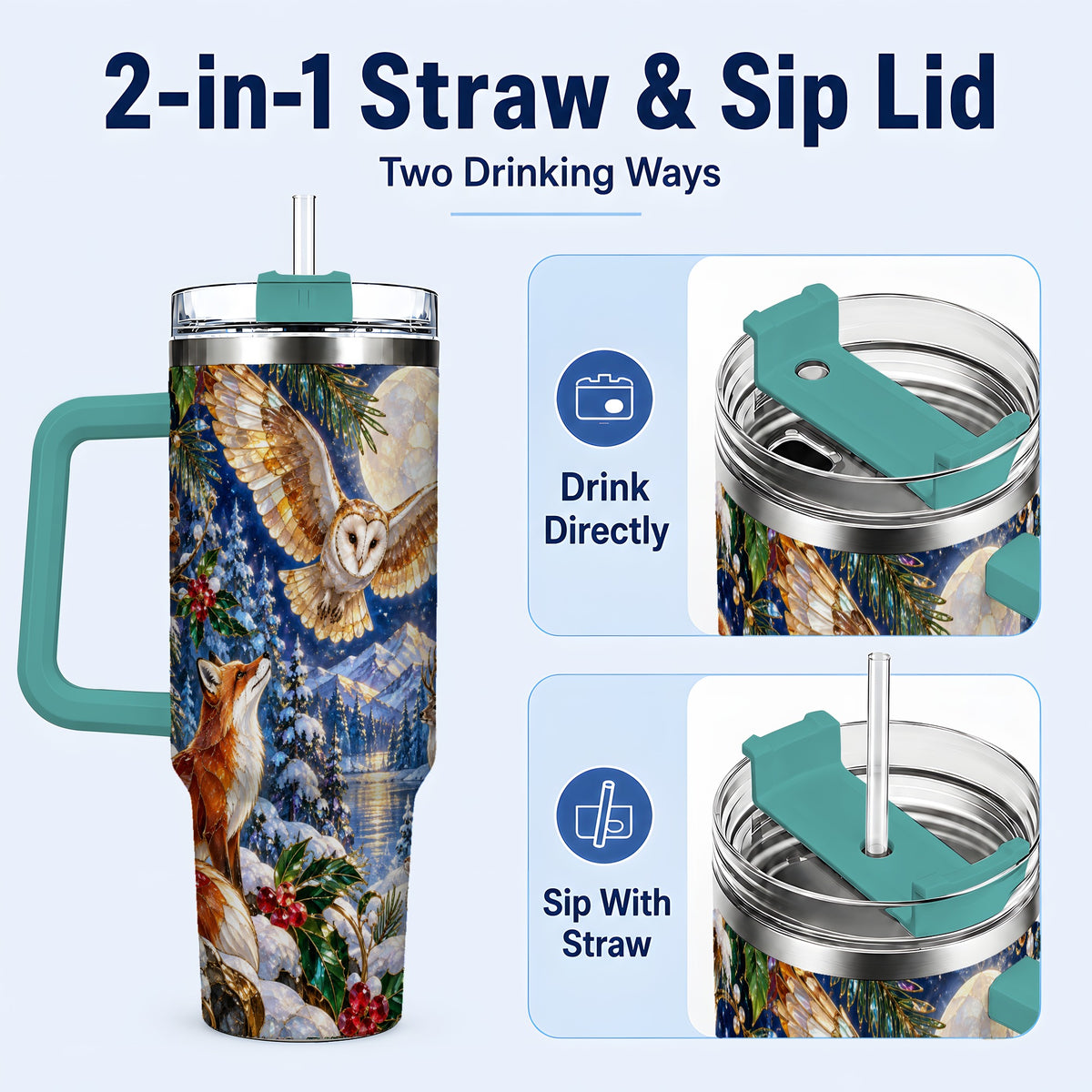 #pl[40oz|Green] Stained Glass Winter 40oz Tumbler with Handle, Woodland Animals Travel Cup