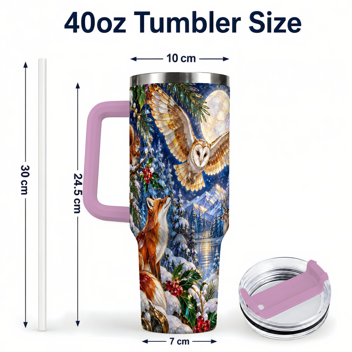 #pl[40oz|Pink] Stained Glass Winter 40oz Tumbler with Handle, Woodland Animals Travel Cup