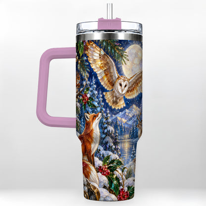 #pl[40oz|Pink] Stained Glass Winter 40oz Tumbler with Handle, Woodland Animals Travel Cup