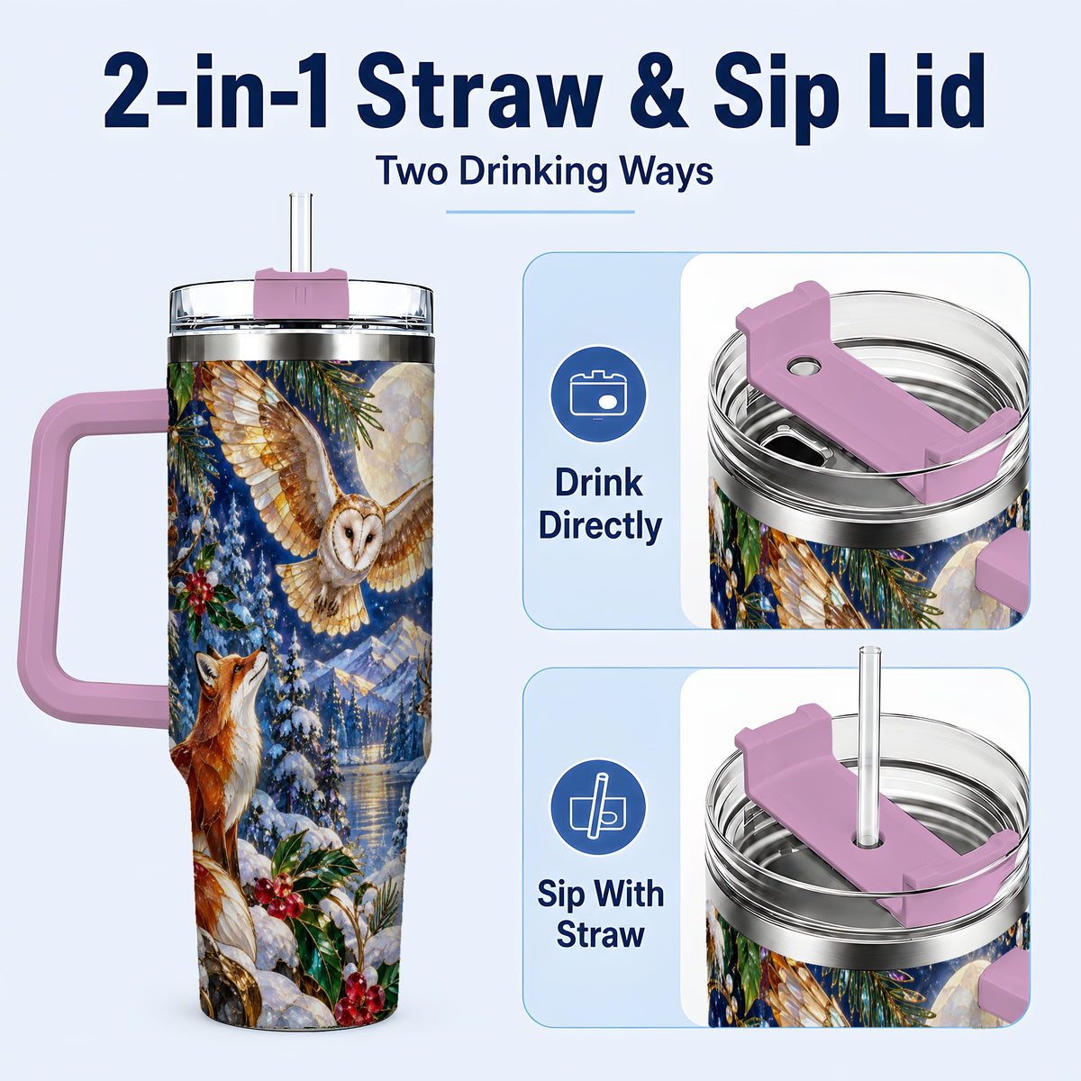 #pl[40oz|Pink] Stained Glass Winter 40oz Tumbler with Handle, Woodland Animals Travel Cup