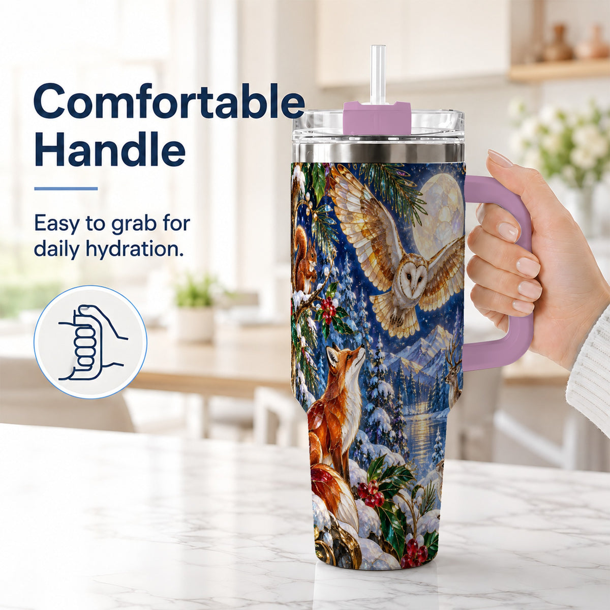 #pl[40oz|Pink] Stained Glass Winter 40oz Tumbler with Handle, Woodland Animals Travel Cup