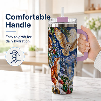 #pl[40oz|Pink] Stained Glass Winter 40oz Tumbler with Handle, Woodland Animals Travel Cup