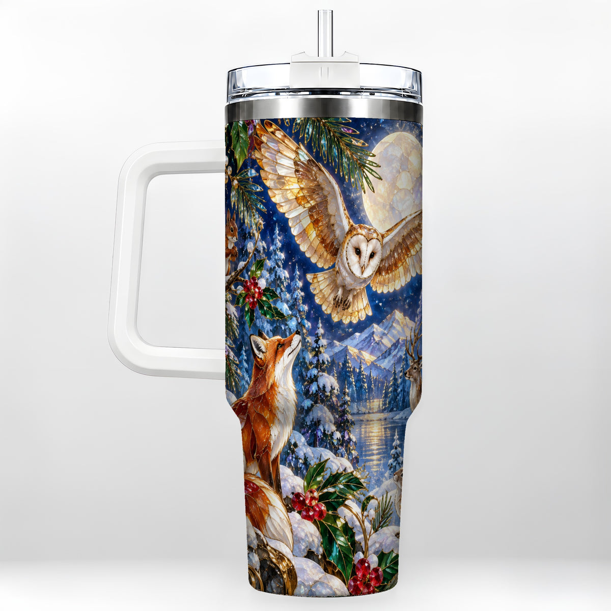 Stained Glass Winter 40oz Tumbler with Handle, Woodland Animals Travel Cup