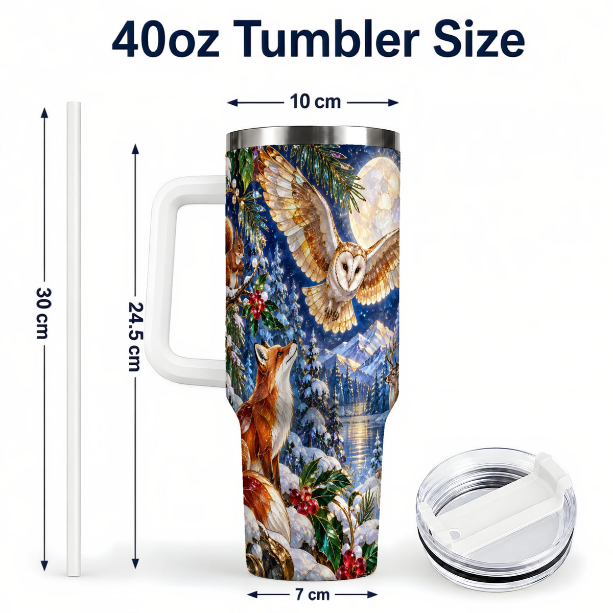 #pl[40oz|White] Stained Glass Winter 40oz Tumbler with Handle, Woodland Animals Travel Cup