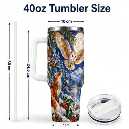 #pl[40oz|White] Stained Glass Winter 40oz Tumbler with Handle, Woodland Animals Travel Cup