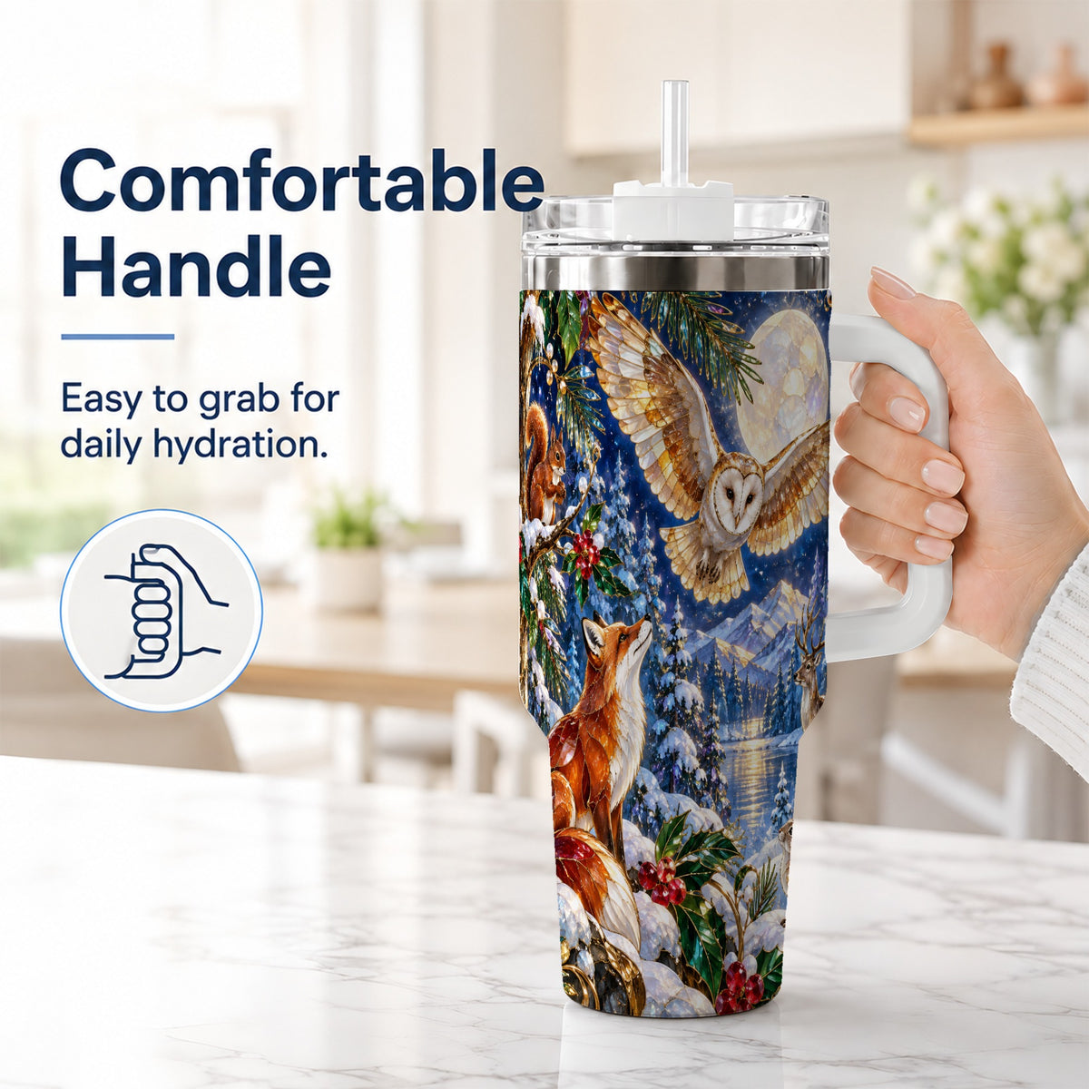 #pl[40oz|White] Stained Glass Winter 40oz Tumbler with Handle, Woodland Animals Travel Cup