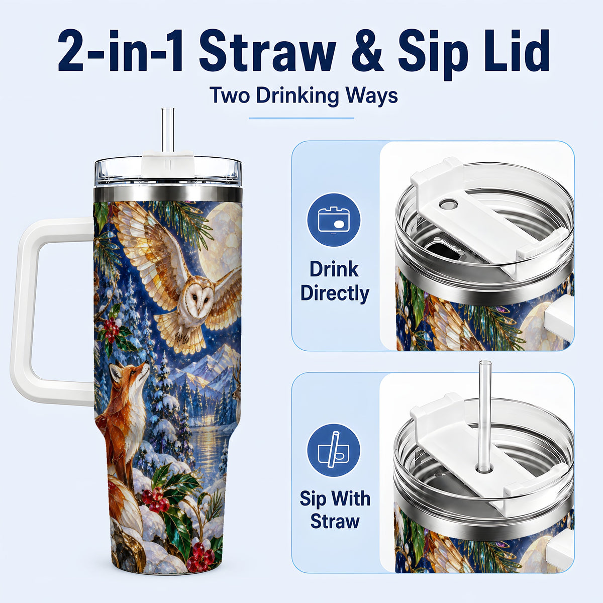 #pl[40oz|White] Stained Glass Winter 40oz Tumbler with Handle, Woodland Animals Travel Cup