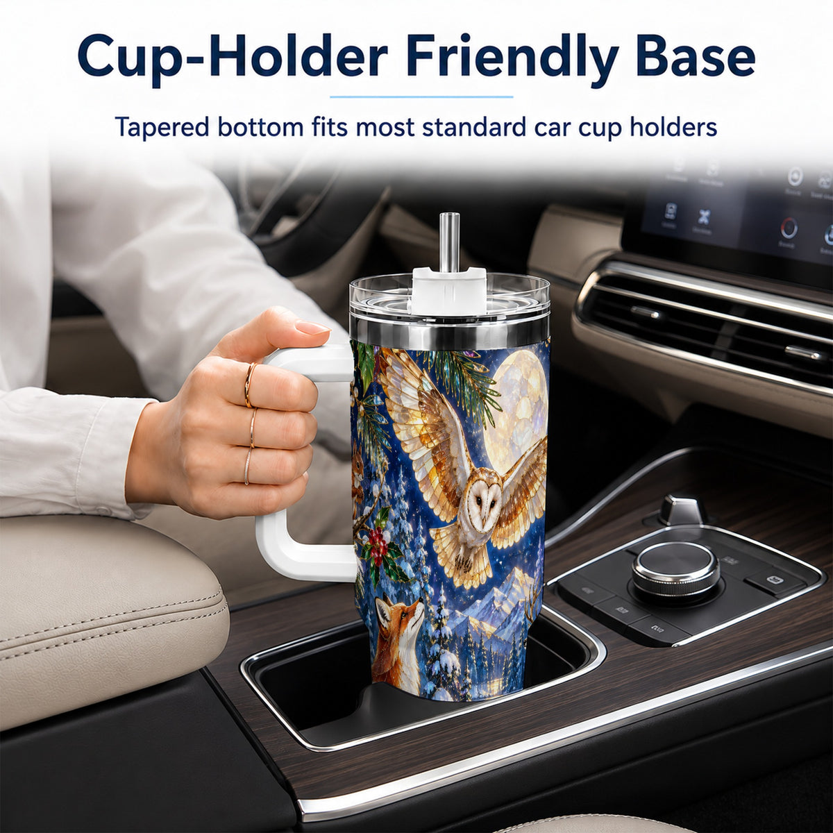 Stained Glass Winter 40oz Tumbler with Handle, Woodland Animals Travel Cup