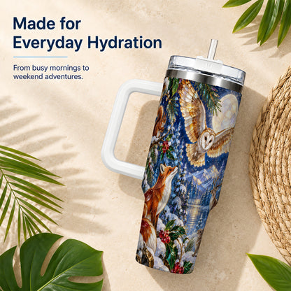 Stained Glass Winter 40oz Tumbler with Handle, Woodland Animals Travel Cup