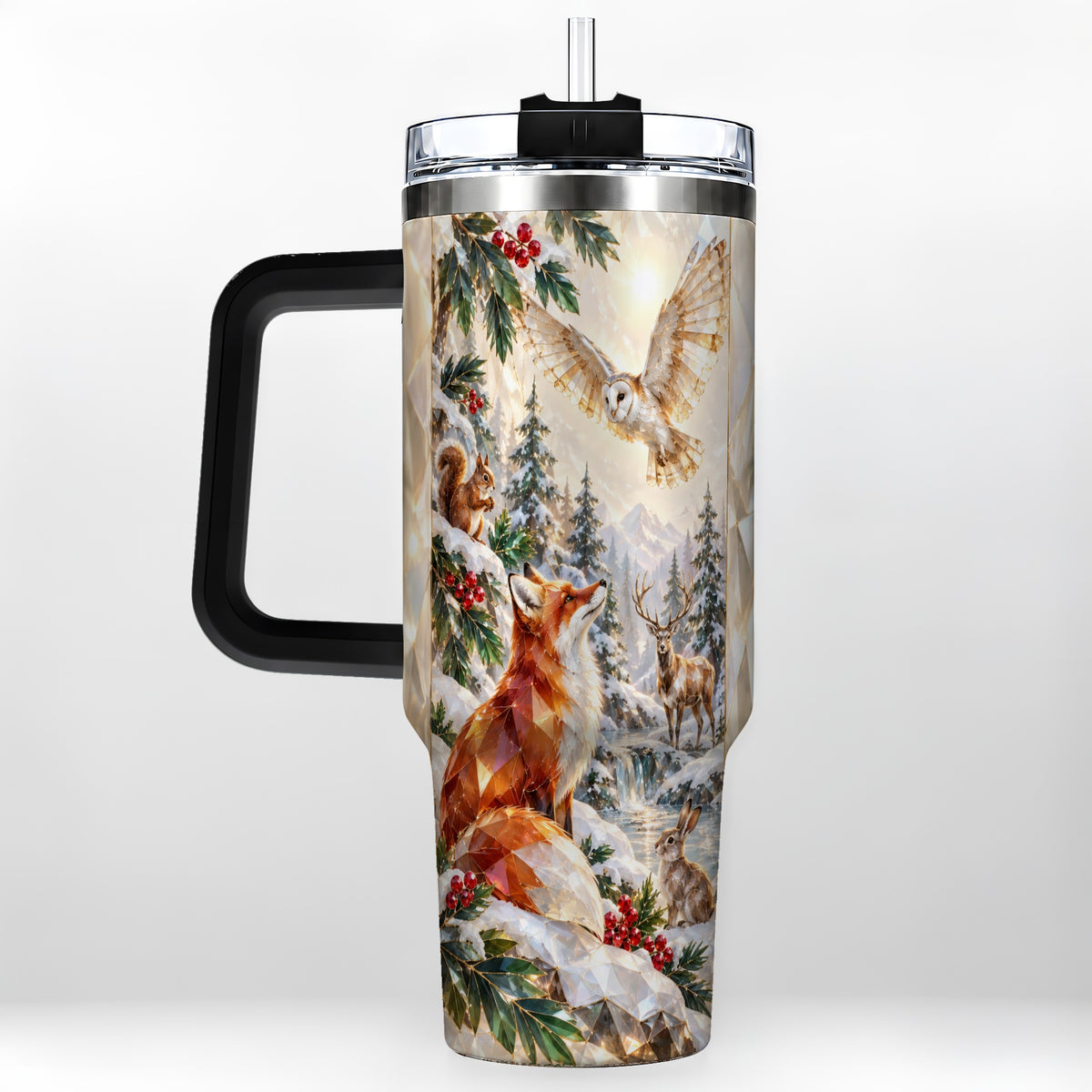 #pl[40oz|Black] Crystal Winter Forest 40oz Tumbler with Handle, Woodland Animals Travel Cup
