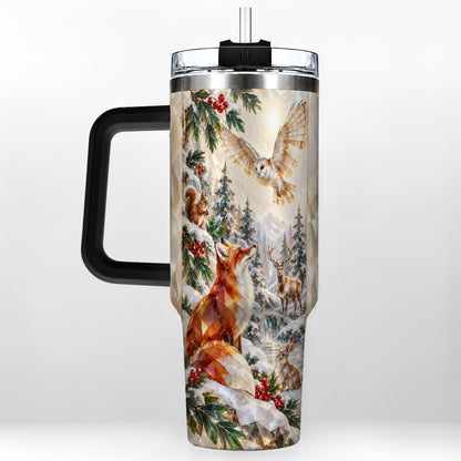 #pl[40oz|Black] Crystal Winter Forest 40oz Tumbler with Handle, Woodland Animals Travel Cup