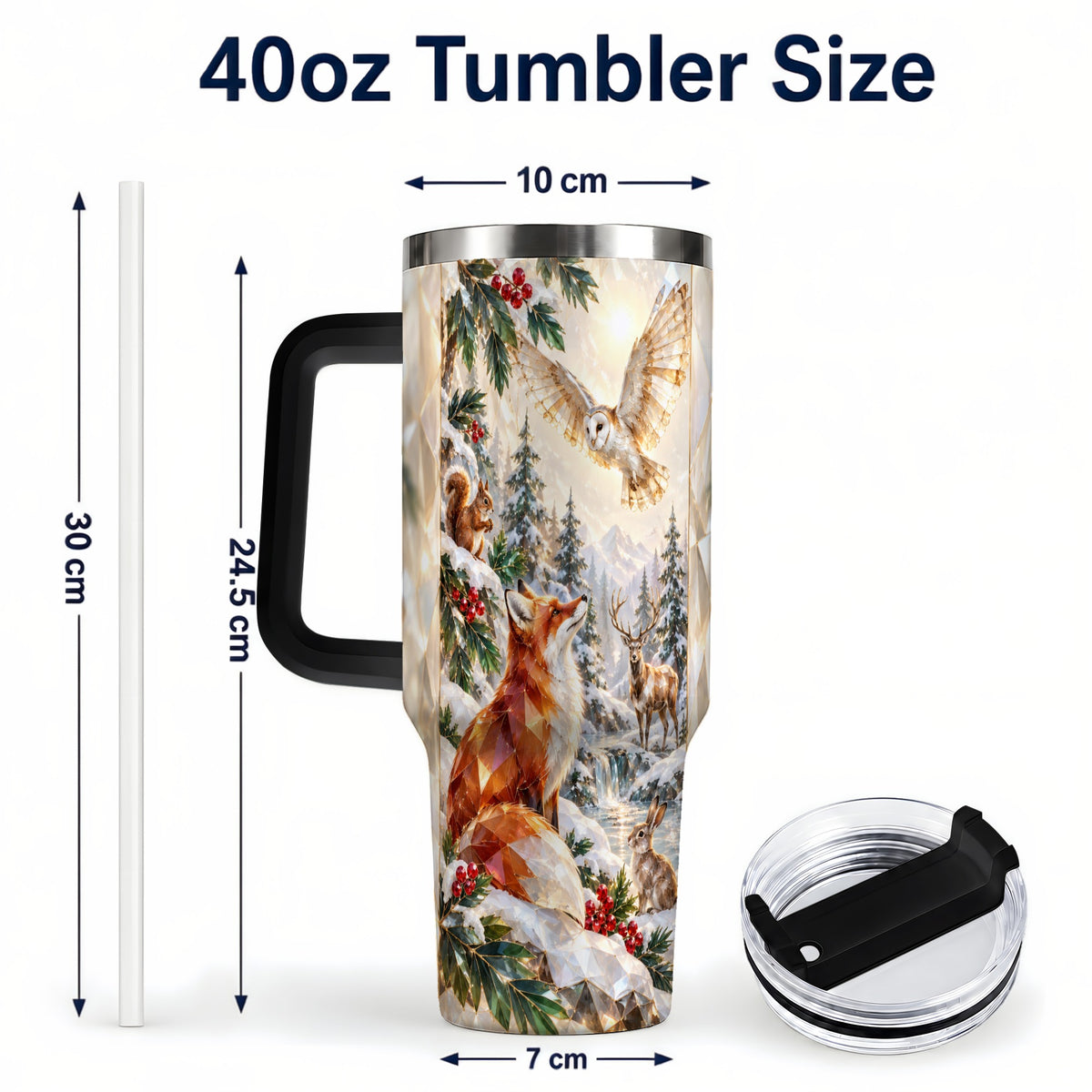 #pl[40oz|Black] Crystal Winter Forest 40oz Tumbler with Handle, Woodland Animals Travel Cup
