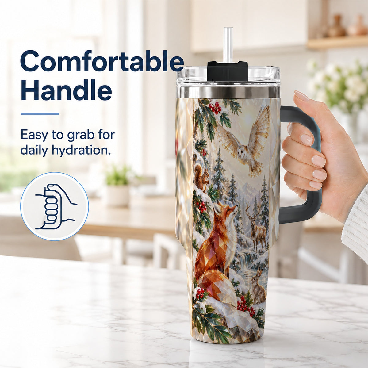 #pl[40oz|Black] Crystal Winter Forest 40oz Tumbler with Handle, Woodland Animals Travel Cup