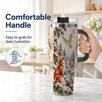 #pl[40oz|Black] Crystal Winter Forest 40oz Tumbler with Handle, Woodland Animals Travel Cup