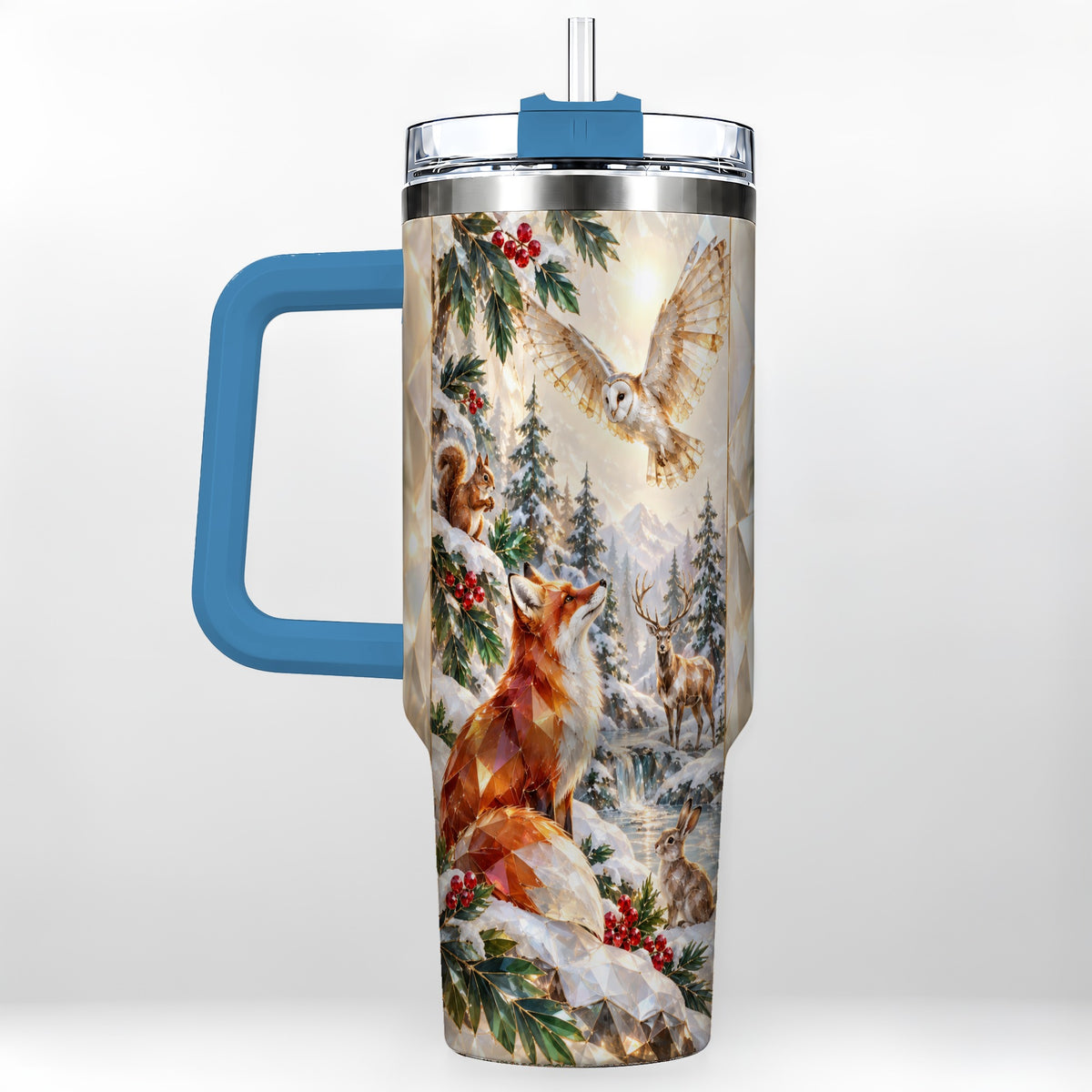 #pl[40oz|Blue] Crystal Winter Forest 40oz Tumbler with Handle, Woodland Animals Travel Cup
