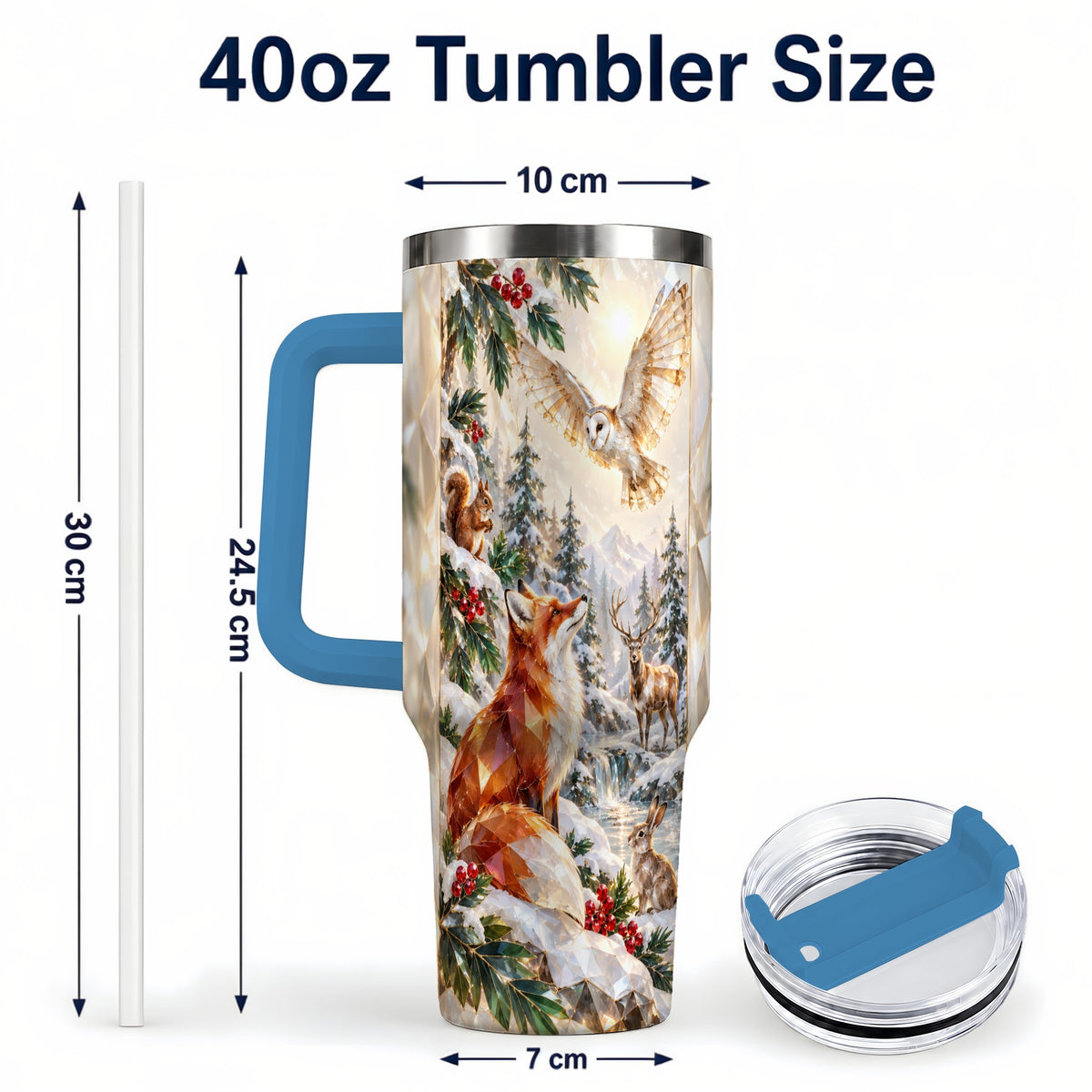 #pl[40oz|Blue] Crystal Winter Forest 40oz Tumbler with Handle, Woodland Animals Travel Cup