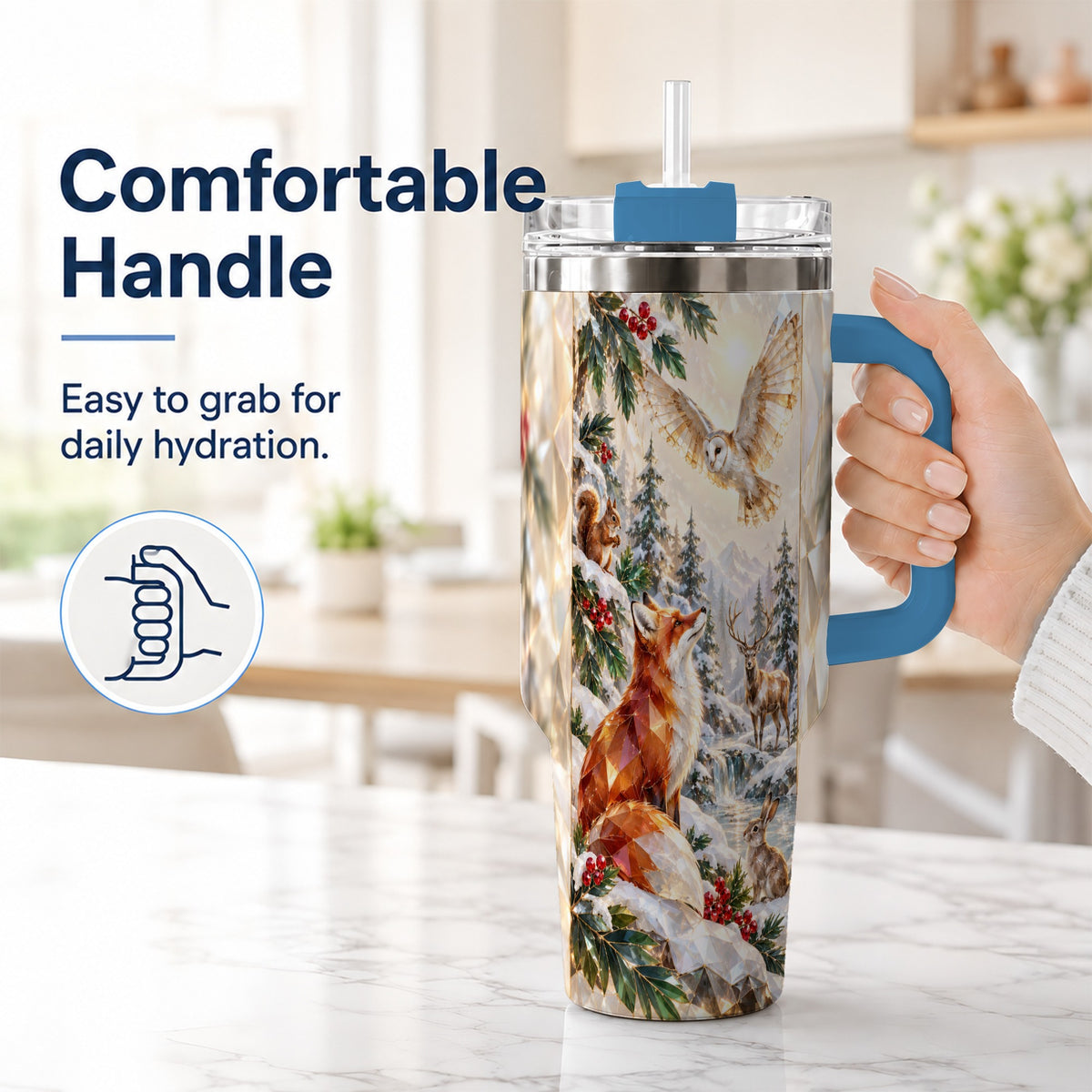 #pl[40oz|Blue] Crystal Winter Forest 40oz Tumbler with Handle, Woodland Animals Travel Cup