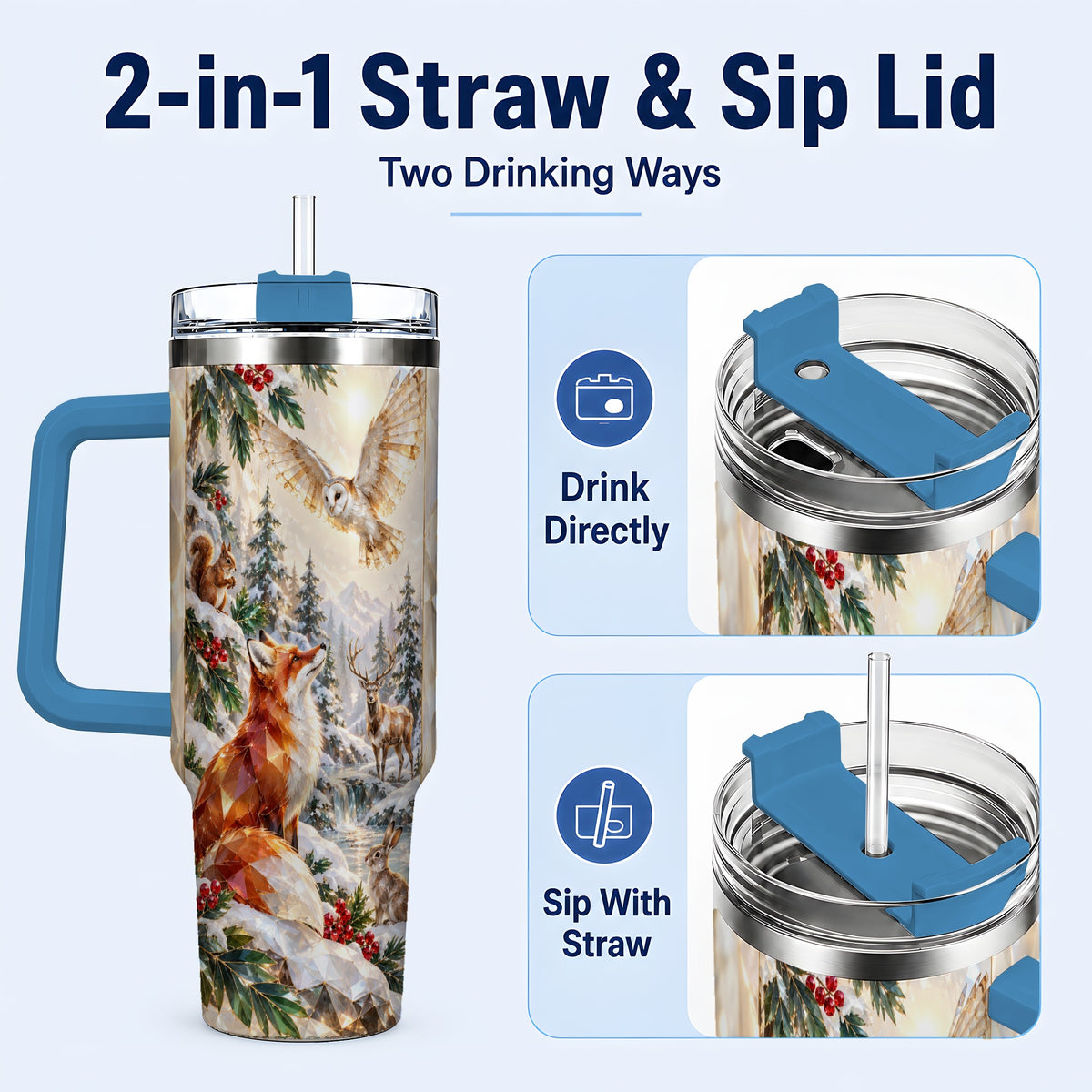 #pl[40oz|Blue] Crystal Winter Forest 40oz Tumbler with Handle, Woodland Animals Travel Cup
