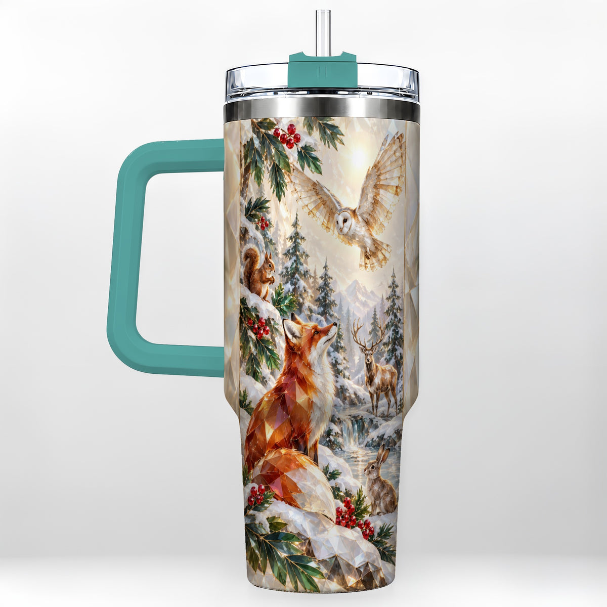 #pl[40oz|Green] Crystal Winter Forest 40oz Tumbler with Handle, Woodland Animals Travel Cup