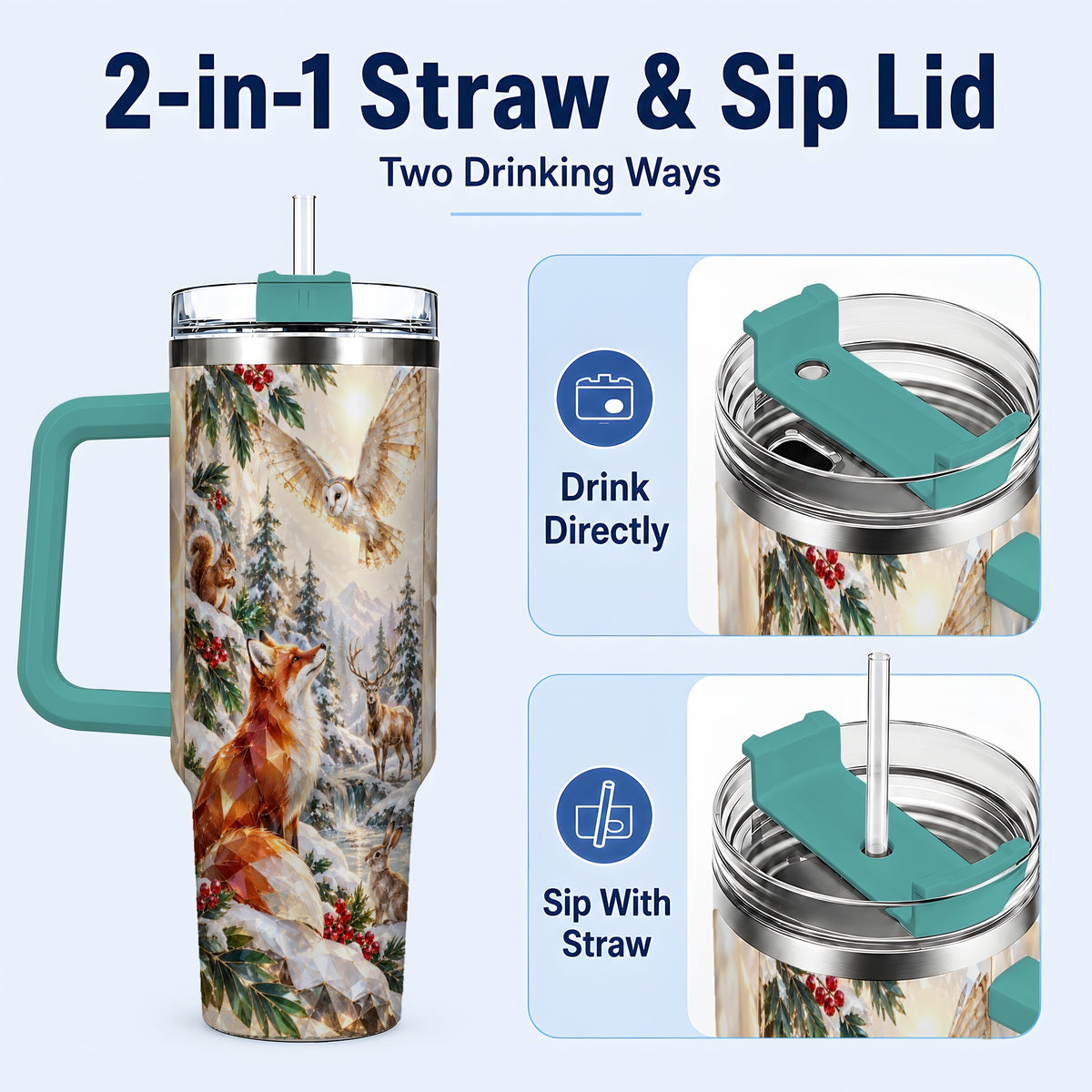 #pl[40oz|Green] Crystal Winter Forest 40oz Tumbler with Handle, Woodland Animals Travel Cup