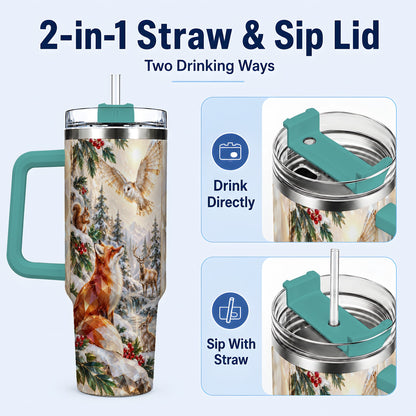 #pl[40oz|Green] Crystal Winter Forest 40oz Tumbler with Handle, Woodland Animals Travel Cup