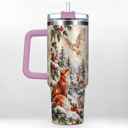 #pl[40oz|Pink] Crystal Winter Forest 40oz Tumbler with Handle, Woodland Animals Travel Cup