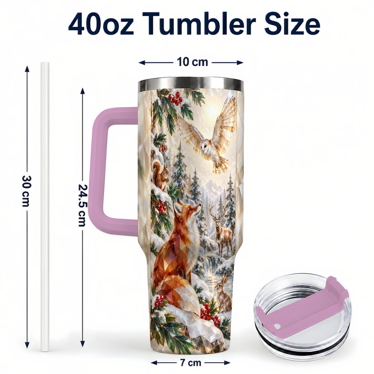 #pl[40oz|Pink] Crystal Winter Forest 40oz Tumbler with Handle, Woodland Animals Travel Cup
