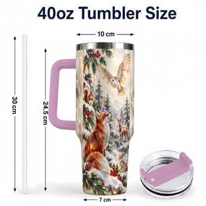 #pl[40oz|Pink] Crystal Winter Forest 40oz Tumbler with Handle, Woodland Animals Travel Cup