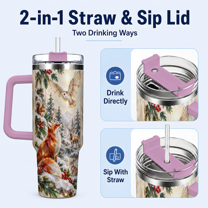 #pl[40oz|Pink] Crystal Winter Forest 40oz Tumbler with Handle, Woodland Animals Travel Cup