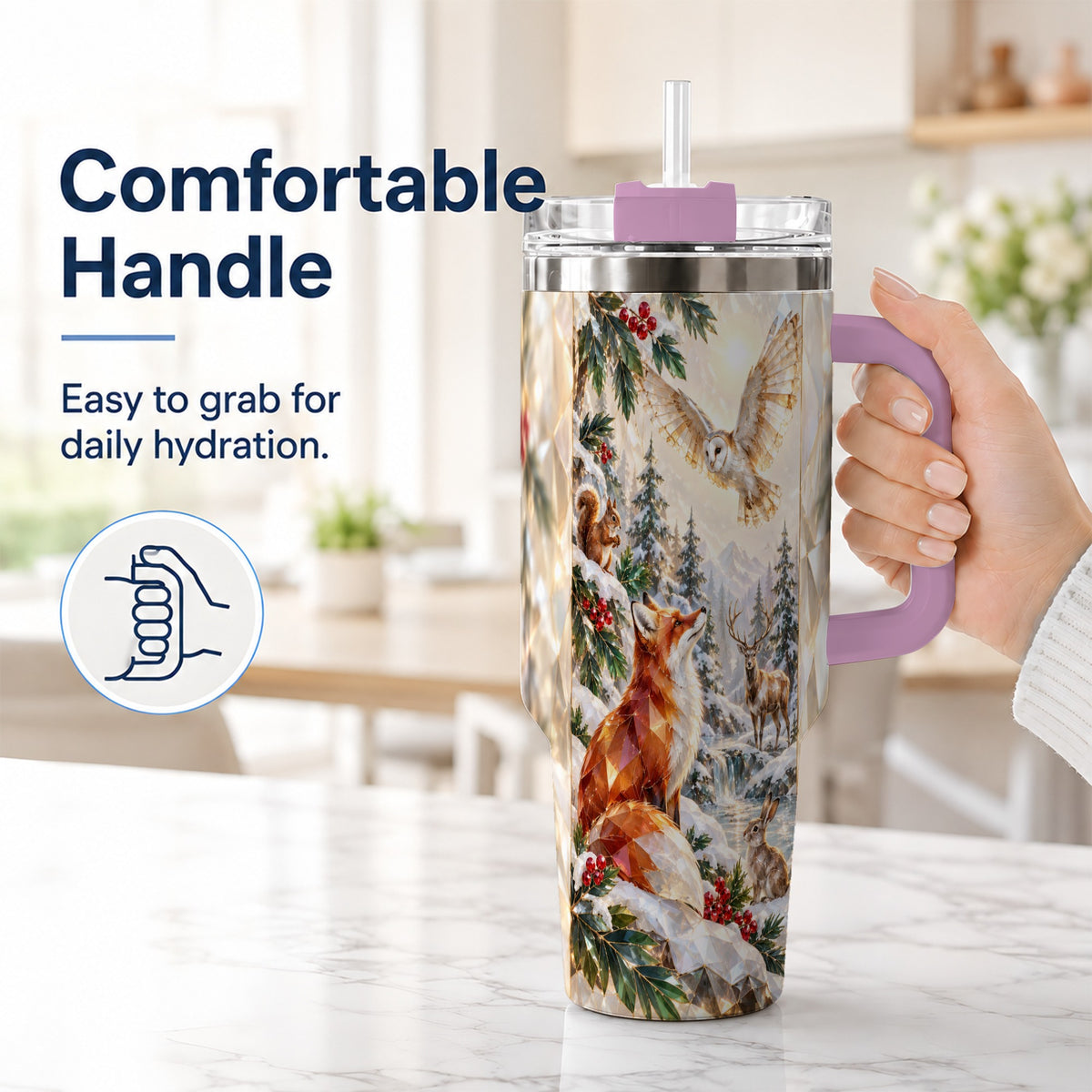 #pl[40oz|Pink] Crystal Winter Forest 40oz Tumbler with Handle, Woodland Animals Travel Cup