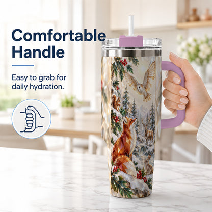 #pl[40oz|Pink] Crystal Winter Forest 40oz Tumbler with Handle, Woodland Animals Travel Cup