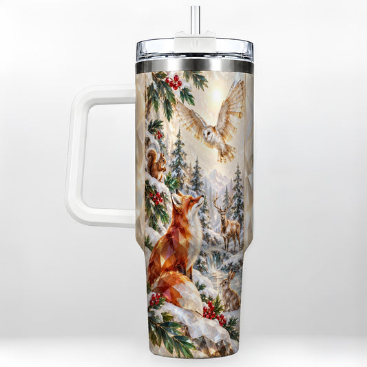Crystal Winter Forest 40oz Tumbler with Handle, Woodland Animals Travel Cup