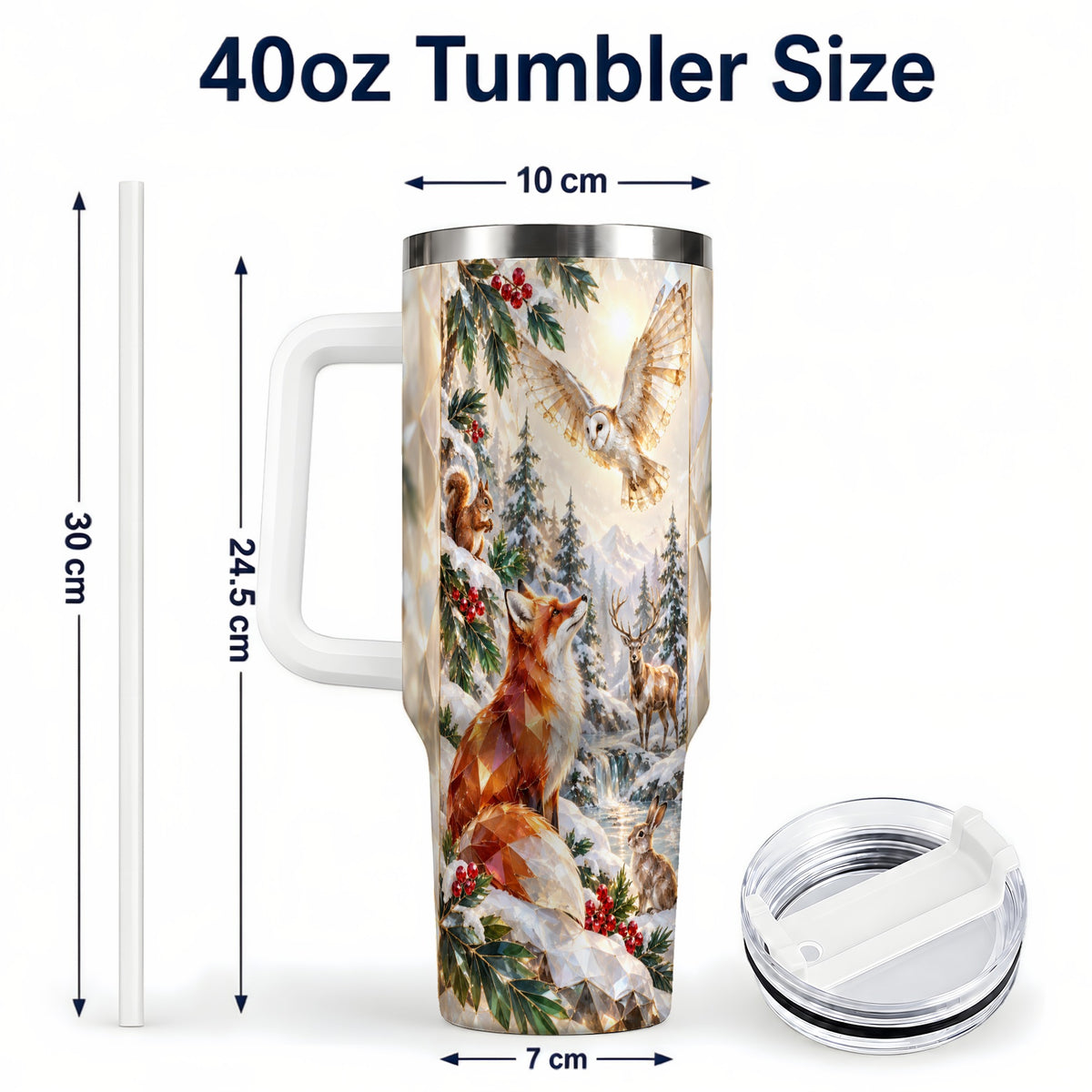 #pl[40oz|White] Crystal Winter Forest 40oz Tumbler with Handle, Woodland Animals Travel Cup