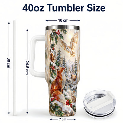 #pl[40oz|White] Crystal Winter Forest 40oz Tumbler with Handle, Woodland Animals Travel Cup
