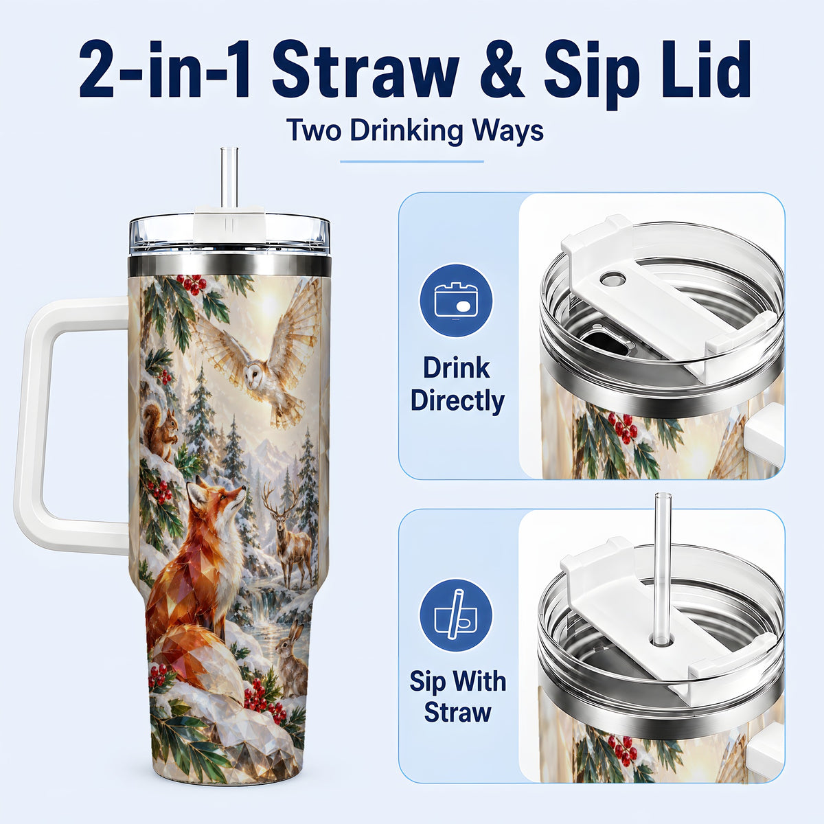 #pl[40oz|White] Crystal Winter Forest 40oz Tumbler with Handle, Woodland Animals Travel Cup
