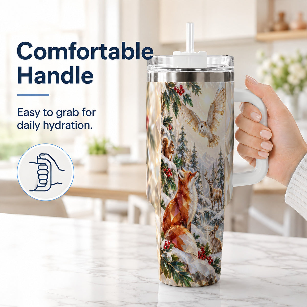 #pl[40oz|White] Crystal Winter Forest 40oz Tumbler with Handle, Woodland Animals Travel Cup