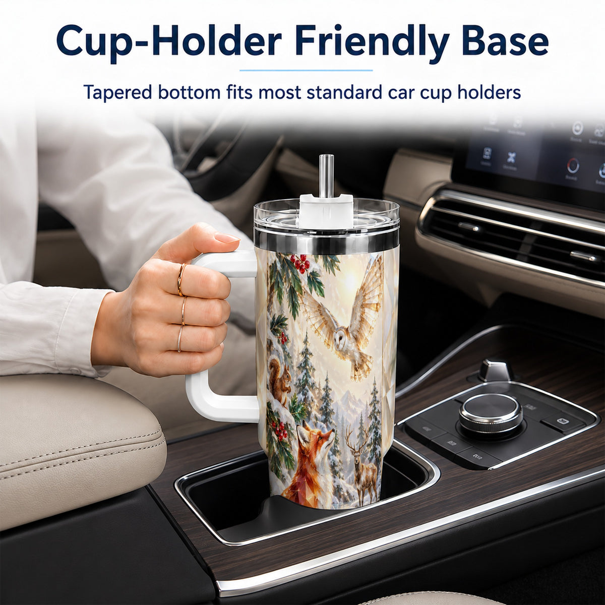 Crystal Winter Forest 40oz Tumbler with Handle, Woodland Animals Travel Cup