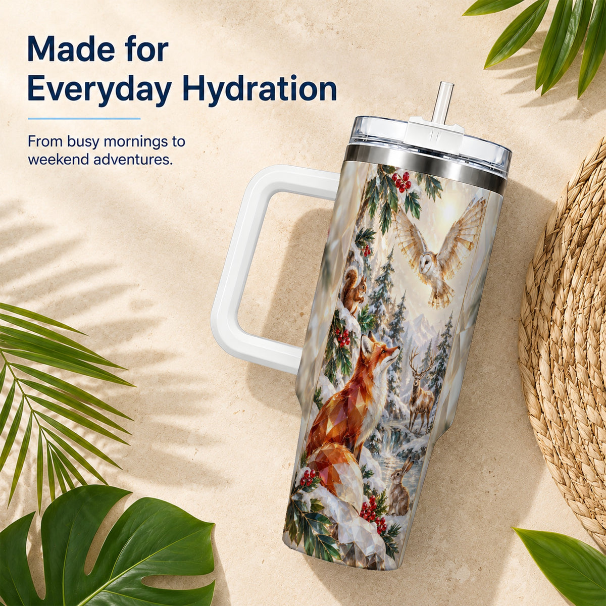 Crystal Winter Forest 40oz Tumbler with Handle, Woodland Animals Travel Cup