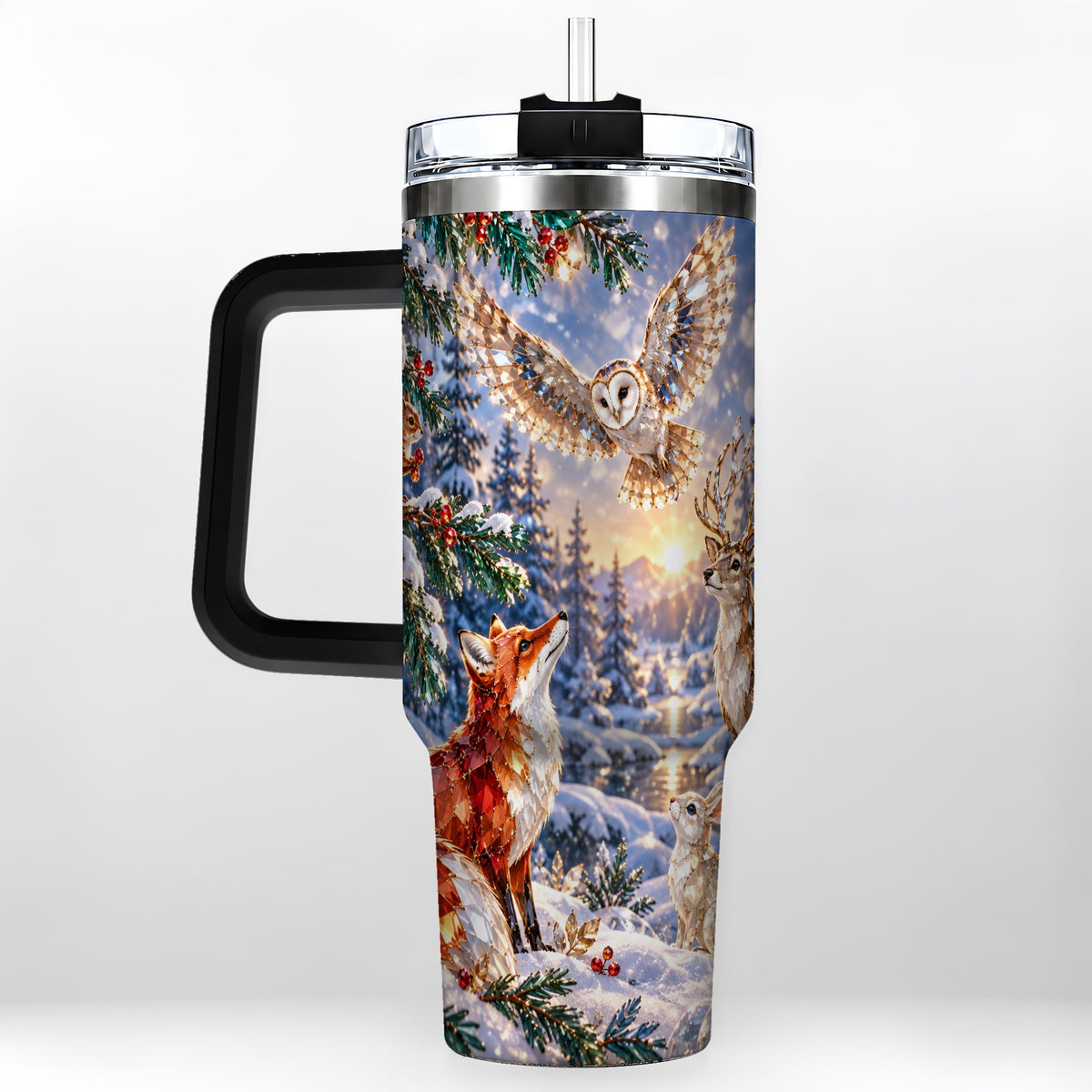 #pl[40oz|Black] Winter Woodland 40oz Tumbler, Wildlife Stainless Steel Travel Cup