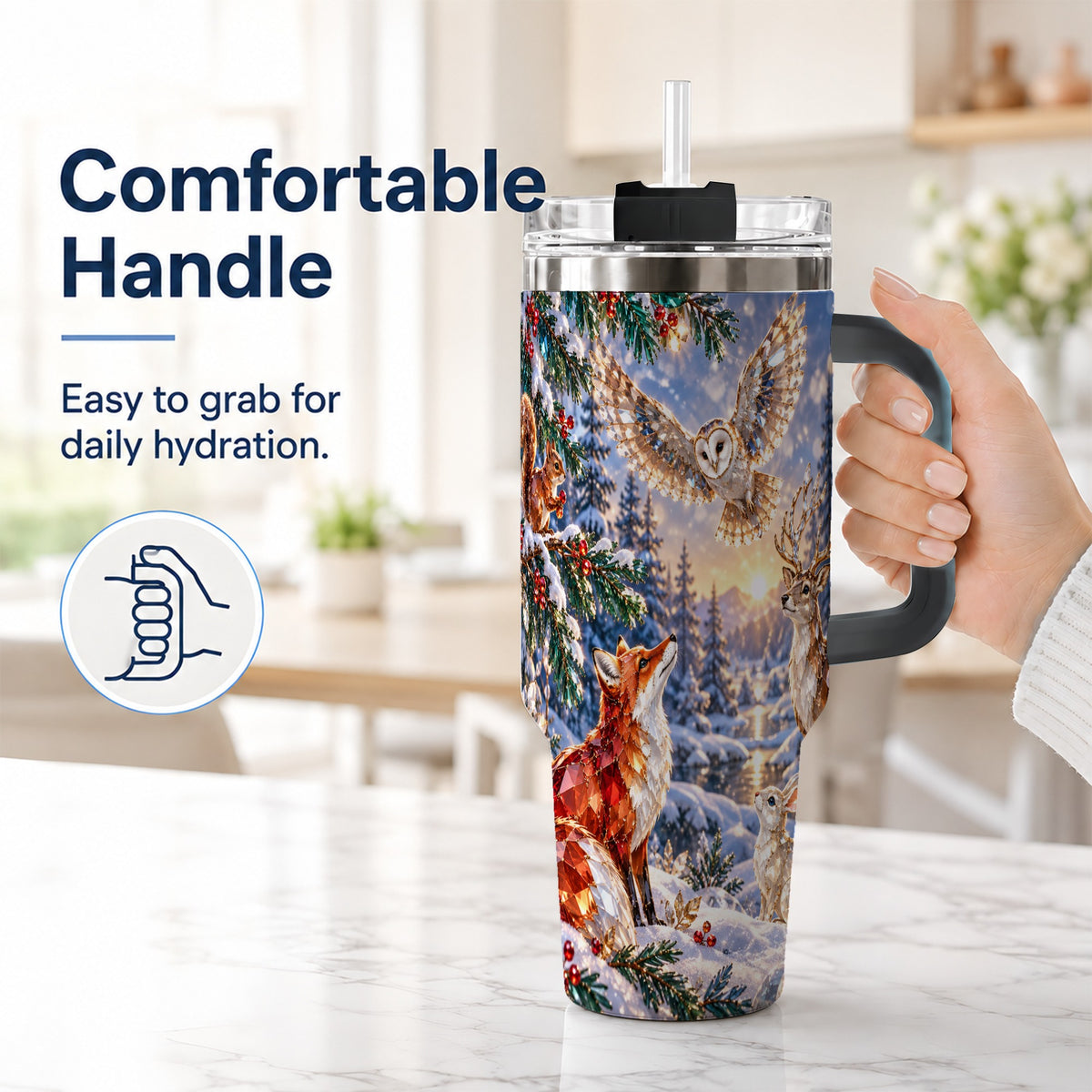 #pl[40oz|Black] Winter Woodland 40oz Tumbler, Wildlife Stainless Steel Travel Cup