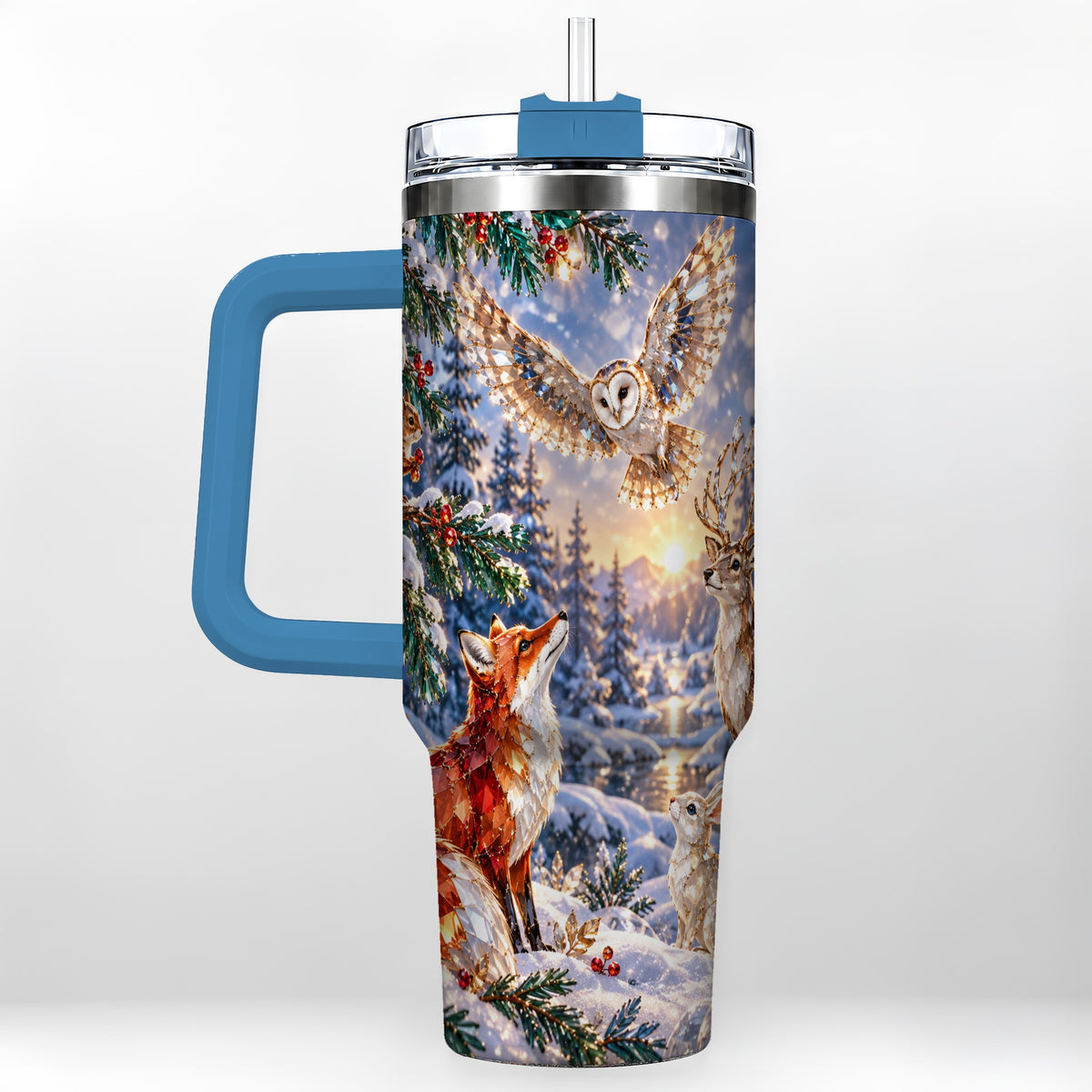 #pl[40oz|Blue] Winter Woodland 40oz Tumbler, Wildlife Stainless Steel Travel Cup