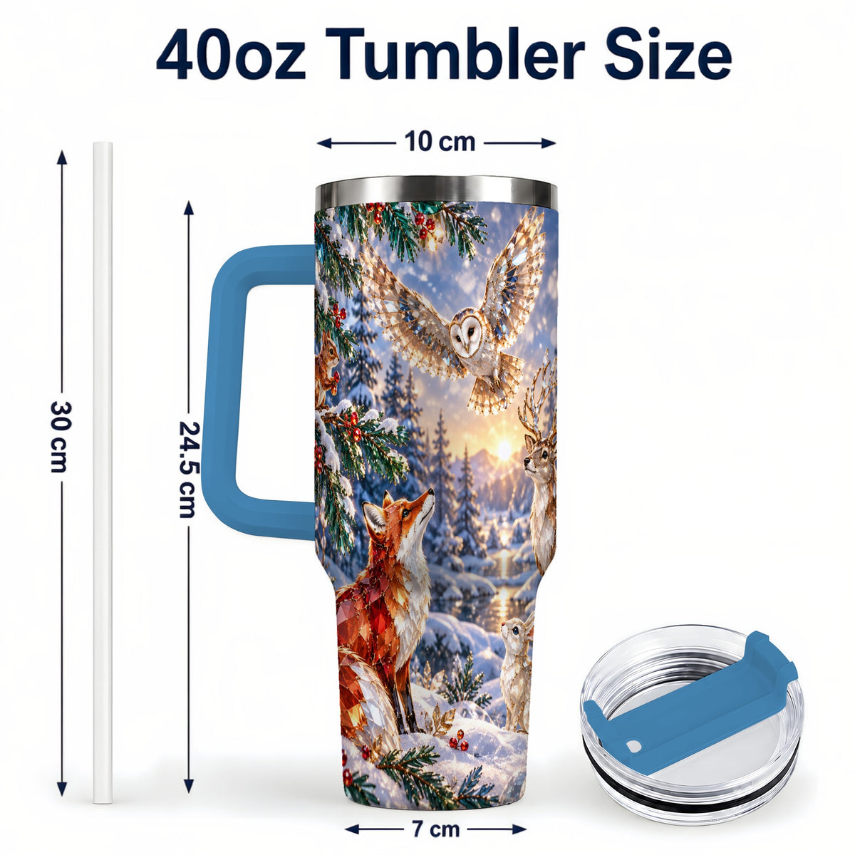 #pl[40oz|Blue] Winter Woodland 40oz Tumbler, Wildlife Stainless Steel Travel Cup