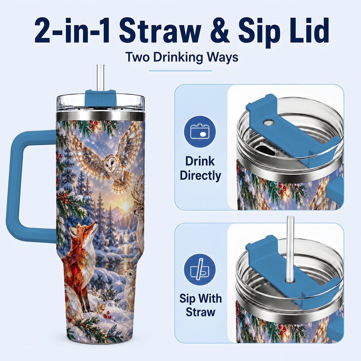 #pl[40oz|Blue] Winter Woodland 40oz Tumbler, Wildlife Stainless Steel Travel Cup