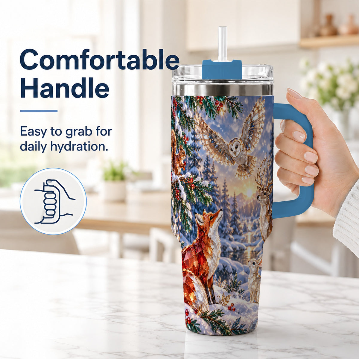 #pl[40oz|Blue] Winter Woodland 40oz Tumbler, Wildlife Stainless Steel Travel Cup