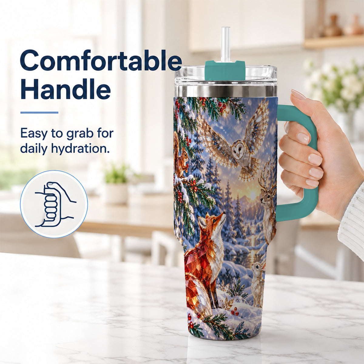 #pl[40oz|Green] Winter Woodland 40oz Tumbler, Wildlife Stainless Steel Travel Cup