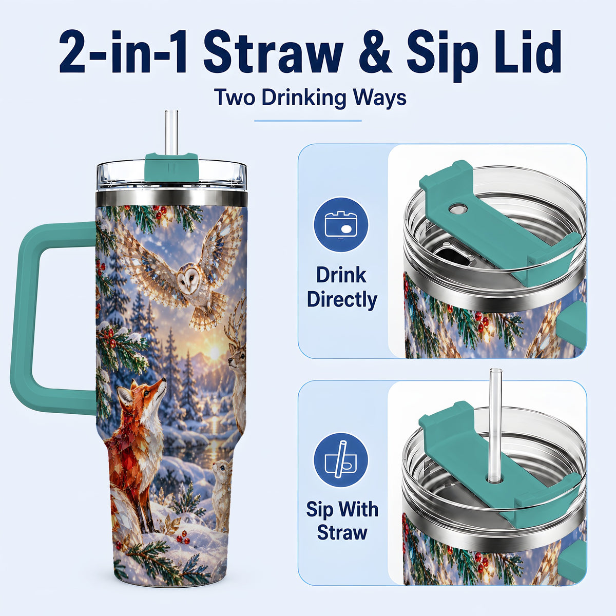#pl[40oz|Green] Winter Woodland 40oz Tumbler, Wildlife Stainless Steel Travel Cup