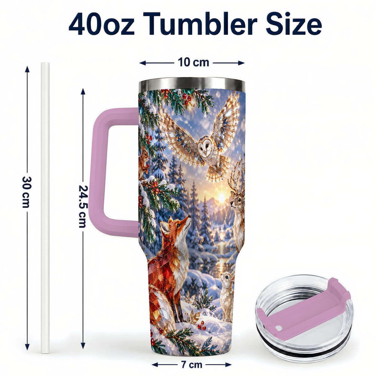 #pl[40oz|Pink] Winter Woodland 40oz Tumbler, Wildlife Stainless Steel Travel Cup