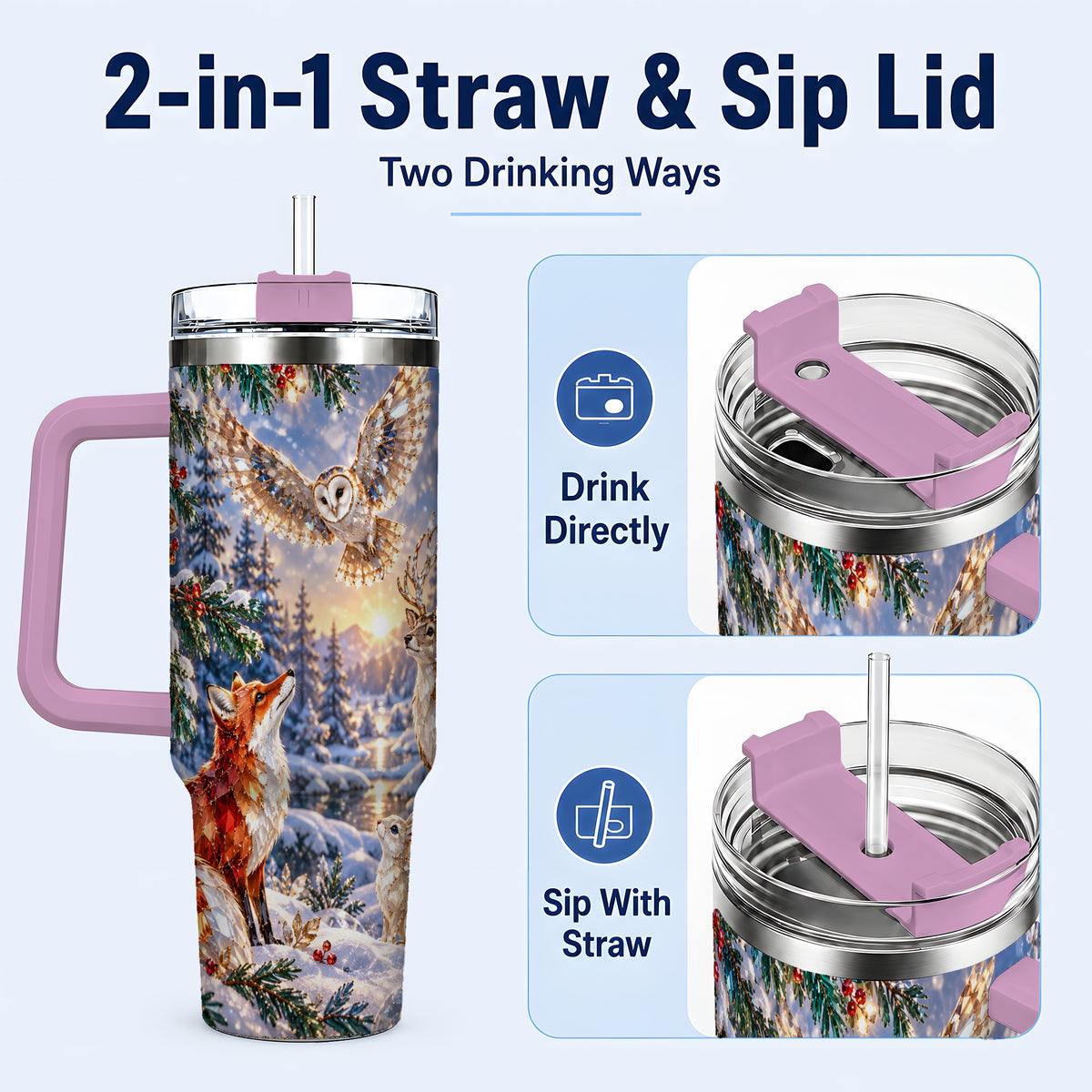 #pl[40oz|Pink] Winter Woodland 40oz Tumbler, Wildlife Stainless Steel Travel Cup