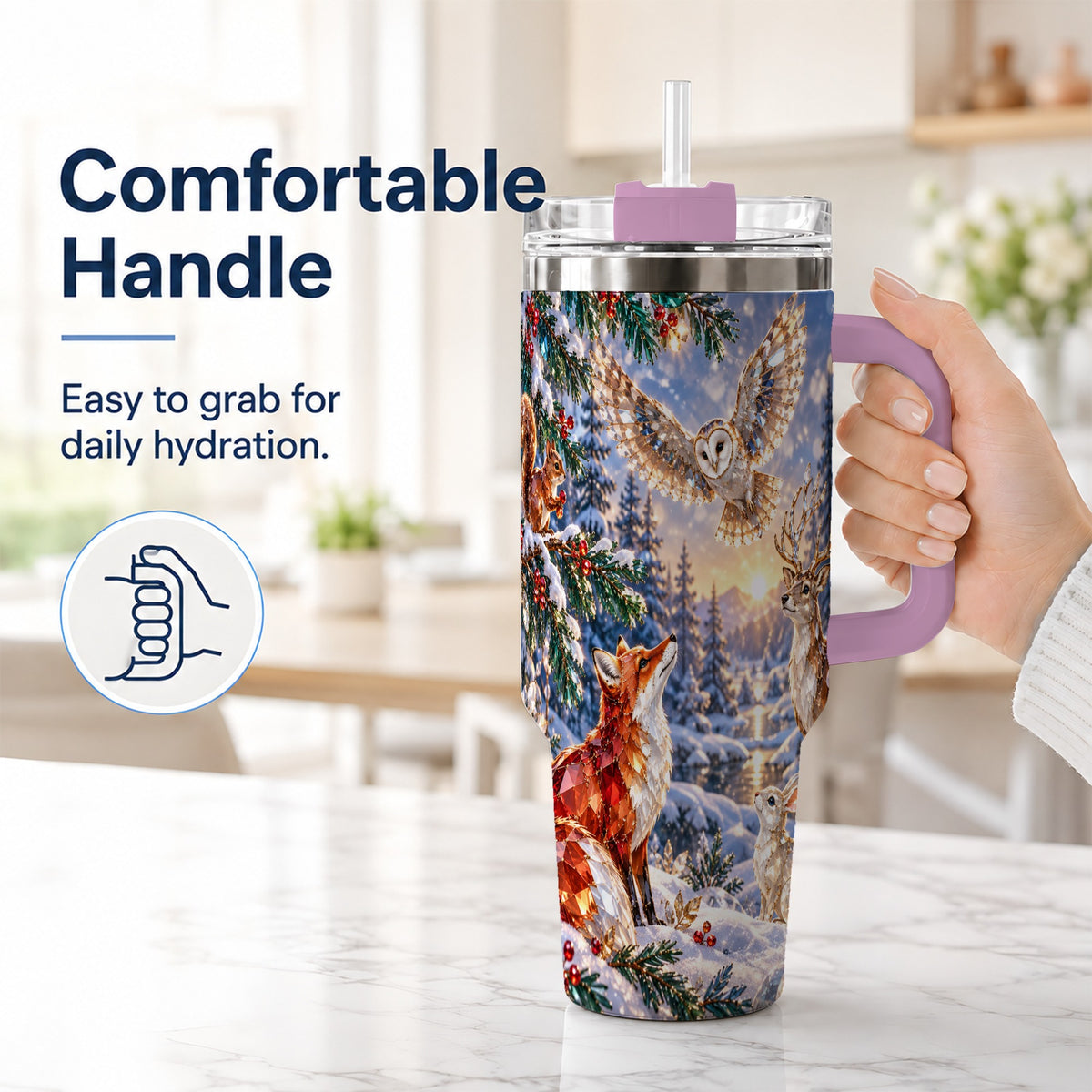 #pl[40oz|Pink] Winter Woodland 40oz Tumbler, Wildlife Stainless Steel Travel Cup